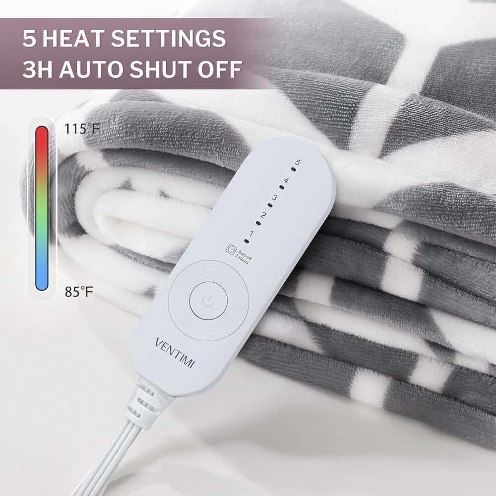 Electric Blanket Heated Throw, 50x60, 5 Levels, 3 Hours Auto Off, ETL & FCC Grey - Picture 3 of 8